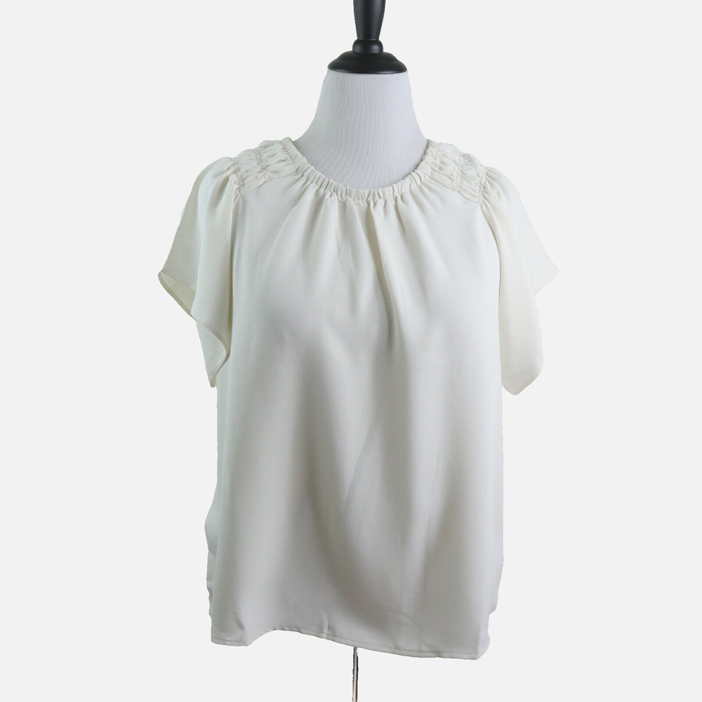 Ann Taylor Size Petite L Tiered Sleeve Boatneck Blouse Ivory Crepe - Picture 3 of 10